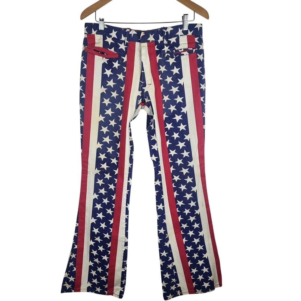VTG 60s 70s Male WOODSTOCK Stars & Stripes Flag HIPPIE Flare Hip Hugger Jeans 30